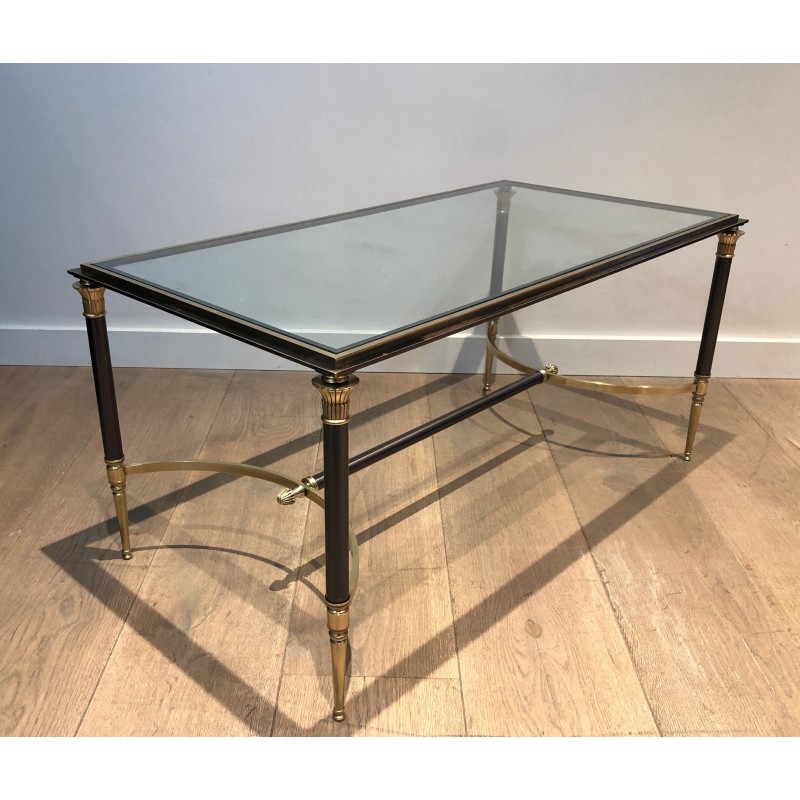 Table Basse Néoclassique en Acier Brossé et Laiton par la Maison Jansen, Travail Français, vers 1940