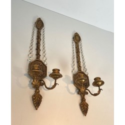 Important Pair of Louis the 16th Style Gilded Carved Wood Wall Sconces with Crystal Garlands
