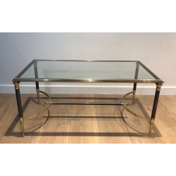 Table Basse Néoclassique en Acier Brossé et Laiton par la Maison Jansen, Travail Français, vers 1940