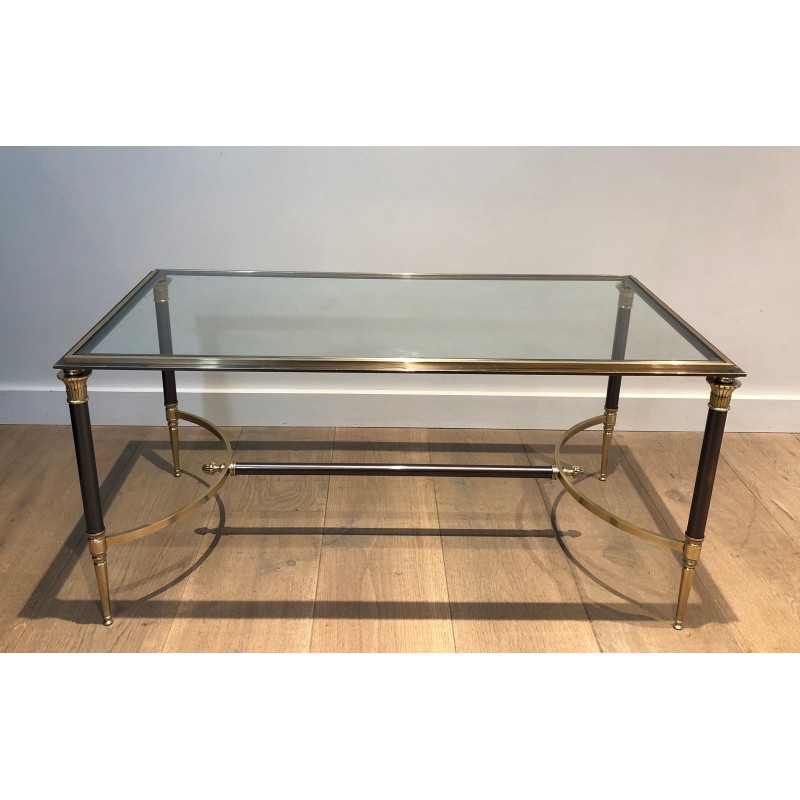 Table Basse Néoclassique en Acier Brossé et Laiton par la Maison Jansen, Travail Français, vers 1940