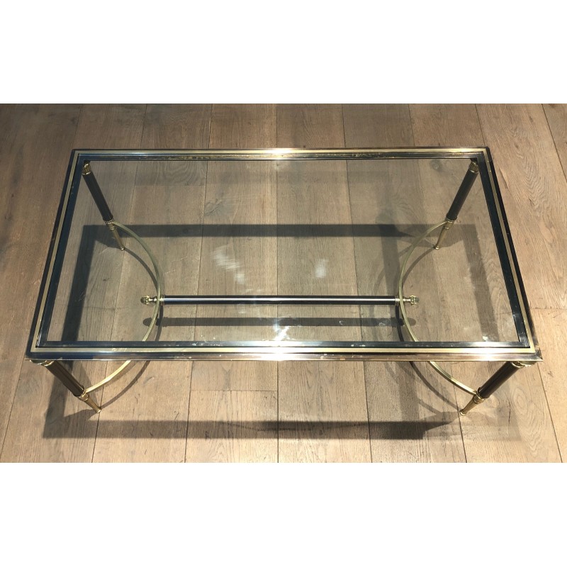 Neoclassical Brushed Steel and Brass Coffee Table by Maison Jansen, French Work, circa 1940