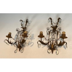 Pair of Gilded Metal and Crystals Wall Sconces in the style of Maison Baguès
