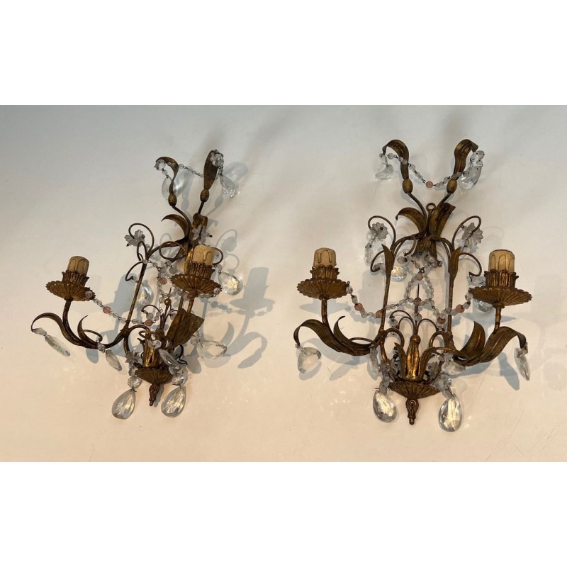 Pair of Gilded Metal and Crystals Wall Sconces in the style of Maison Baguès