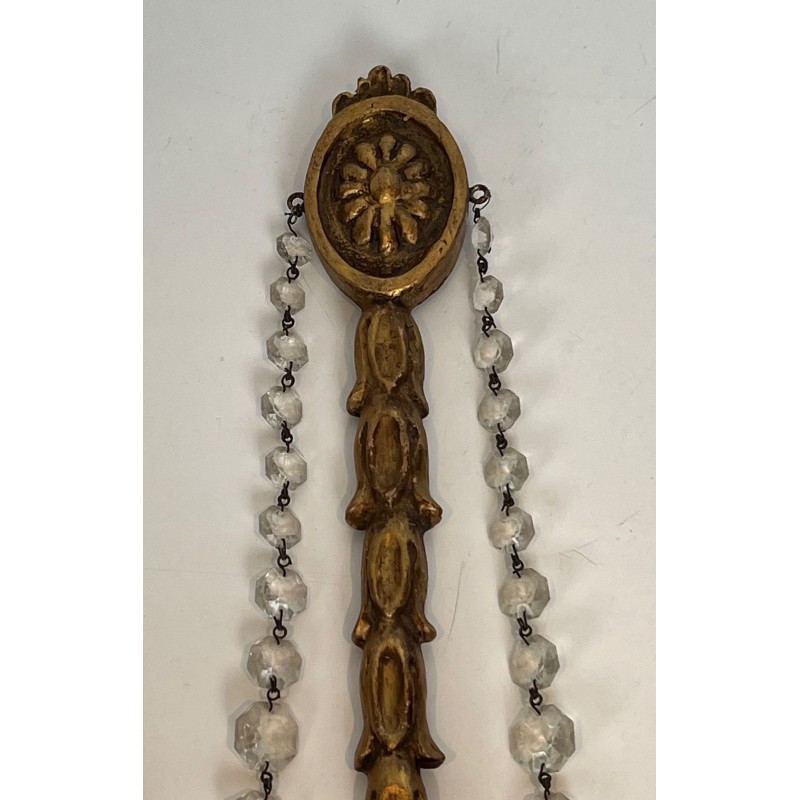 Importante Paire d'Appliques en Bois Sculpté Dorées à Guirlandes de Cristaux