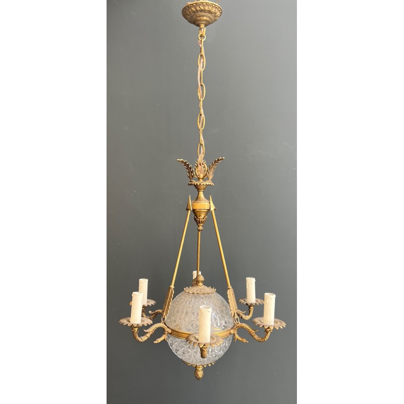 Lustre Montgolfière de Style Empire en Bronze et Cristal à Décors de Flèches et Cols de Cygnes, Travail Français, vers 1940