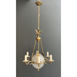 Lustre Montgolfière de Style Empire en Bronze et Cristal à Décors de Flèches et Cols de Cygnes, Travail Français, vers 1940