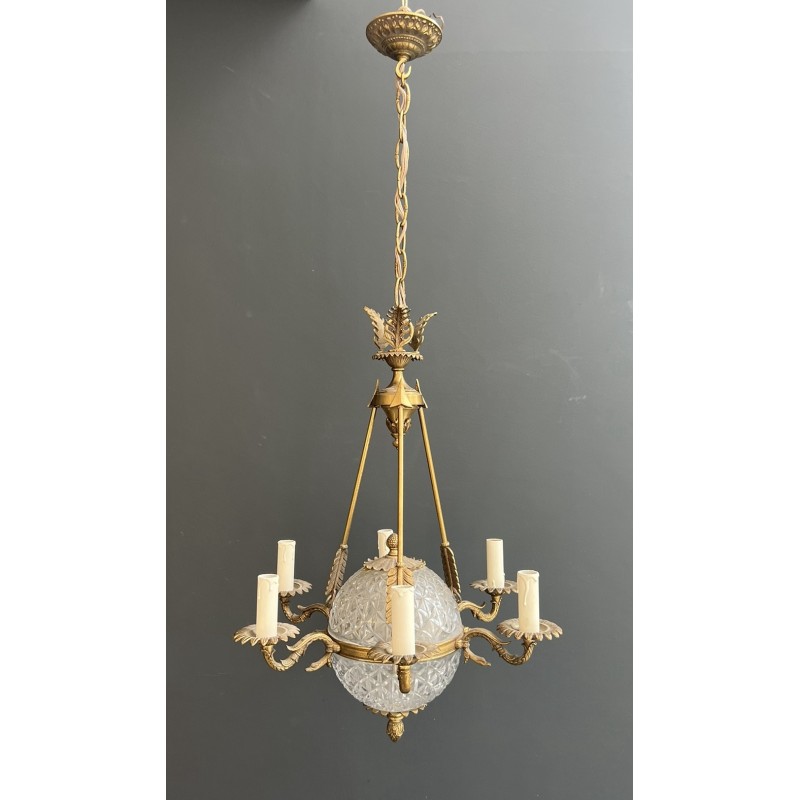Empire Style Montgolfière Chandelier in Bronze and Crystal with Arrows and Swan Necks, French Work, circa 1940
