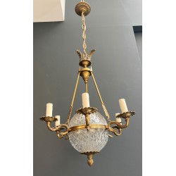 Lustre Montgolfière de Style Empire en Bronze et Cristal à Décors de Flèches et Cols de Cygnes, Travail Français, vers 1940