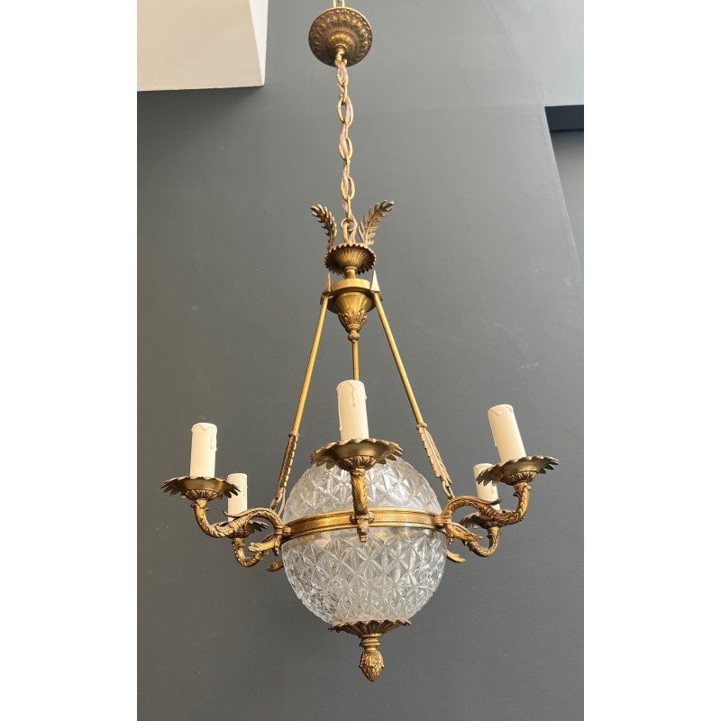 Lustre Montgolfière de Style Empire en Bronze et Cristal à Décors de Flèches et Cols de Cygnes, Travail Français, vers 1940