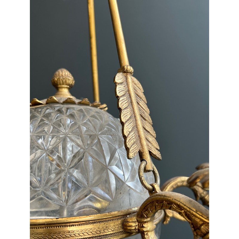 Lustre Montgolfière de Style Empire en Bronze et Cristal à Décors de Flèches et Cols de Cygnes, Travail Français, vers 1940