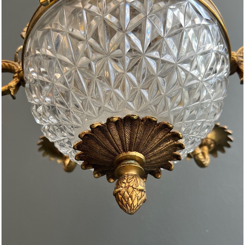 Lustre Montgolfière de Style Empire en Bronze et Cristal à Décors de Flèches et Cols de Cygnes, Travail Français, vers 1940