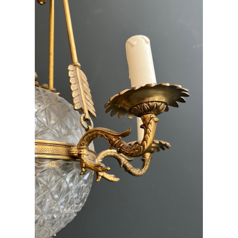 Lustre Montgolfière de Style Empire en Bronze et Cristal à Décors de Flèches et Cols de Cygnes, Travail Français, vers 1940