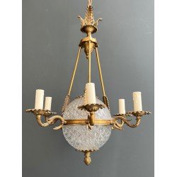 Lustre Montgolfière de Style Empire en Bronze et Cristal à Décors de Flèches et Cols de Cygnes, Travail Français, vers 1940