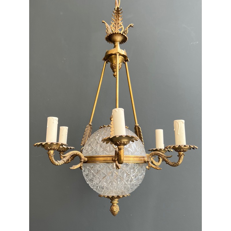 Lustre Montgolfière de Style Empire en Bronze et Cristal à Décors de Flèches et Cols de Cygnes, Travail Français, vers 1940