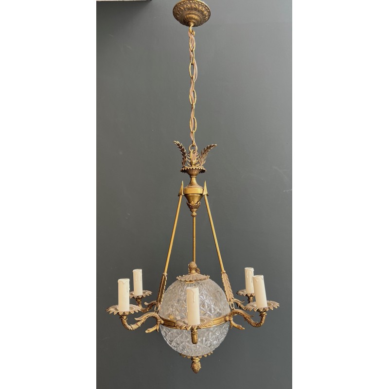 Lustre Montgolfière de Style Empire en Bronze et Cristal à Décors de Flèches et Cols de Cygnes, Travail Français, vers 1940