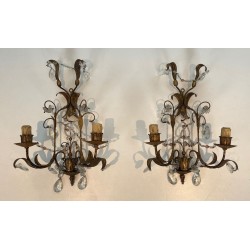 Pair of Gilded Metal and Crystals Wall Sconces in the style of Maison Baguès