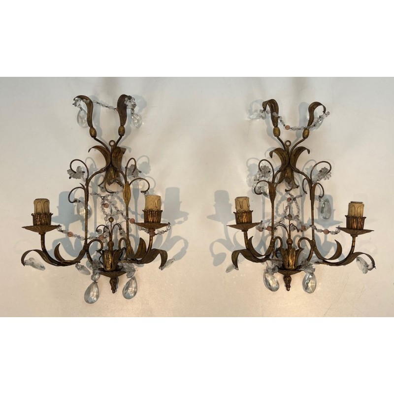 Pair of Gilded Metal and Crystals Wall Sconces in the style of Maison Baguès
