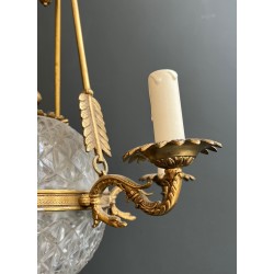 Lustre Montgolfière de Style Empire en Bronze et Cristal à Décors de Flèches et Cols de Cygnes, Travail Français, vers 1940