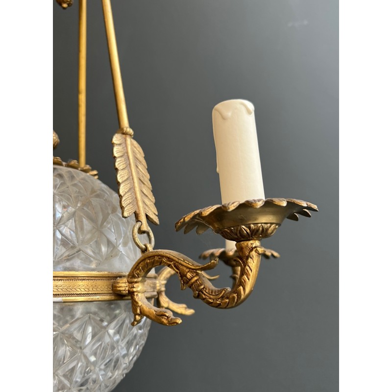 Lustre Montgolfière de Style Empire en Bronze et Cristal à Décors de Flèches et Cols de Cygnes, Travail Français, vers 1940