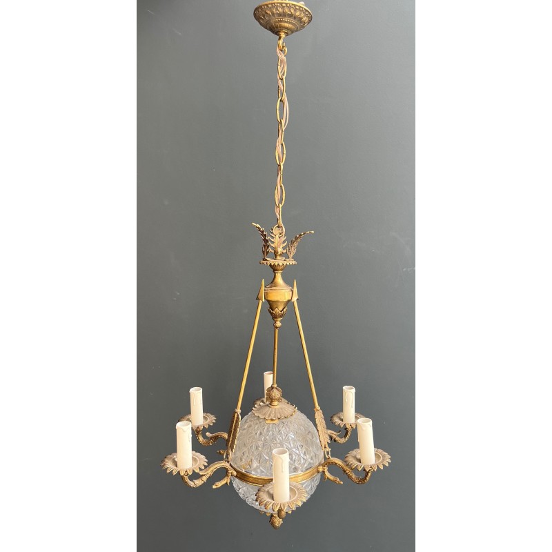 Empire Style Montgolfière Chandelier in Bronze and Crystal with Arrows and Swan Necks, French Work, circa 1940
