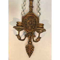 Important Pair of Louis the 16th Style Gilded Carved Wood Wall Sconces with Crystal Garlands