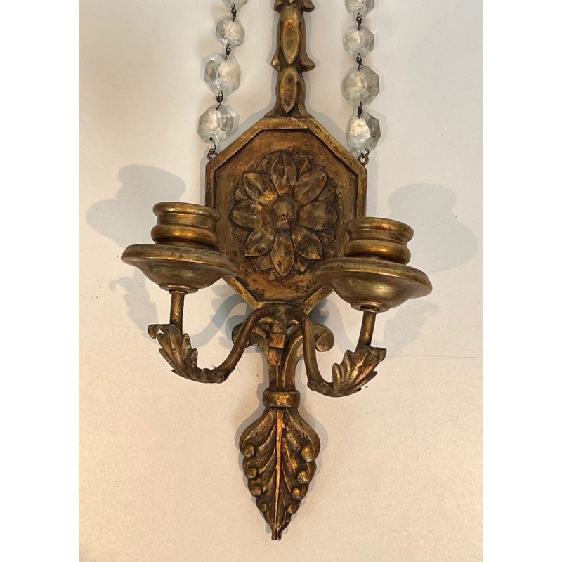 Important Pair of Louis the 16th Style Gilded Carved Wood Wall Sconces with Crystal Garlands