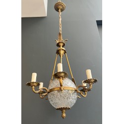 Lustre Montgolfière de Style Empire en Bronze et Cristal à Décors de Flèches et Cols de Cygnes, Travail Français, vers 1940