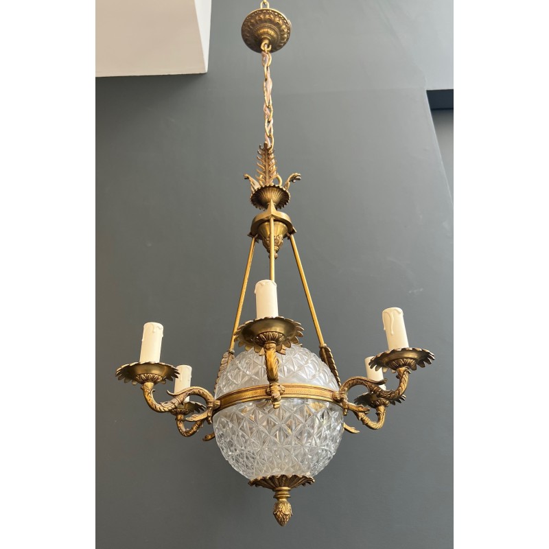Lustre Montgolfière de Style Empire en Bronze et Cristal à Décors de Flèches et Cols de Cygnes, Travail Français, vers 1940