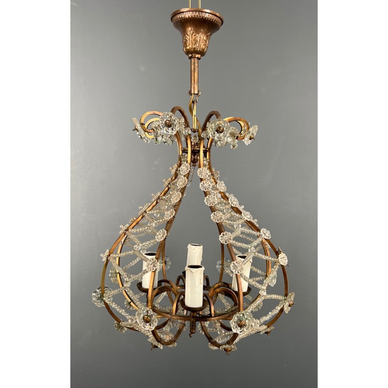 Small Brass Chandelier with Crystal Garlands in the Style of Maison Baguès, French Work, circa 1940
