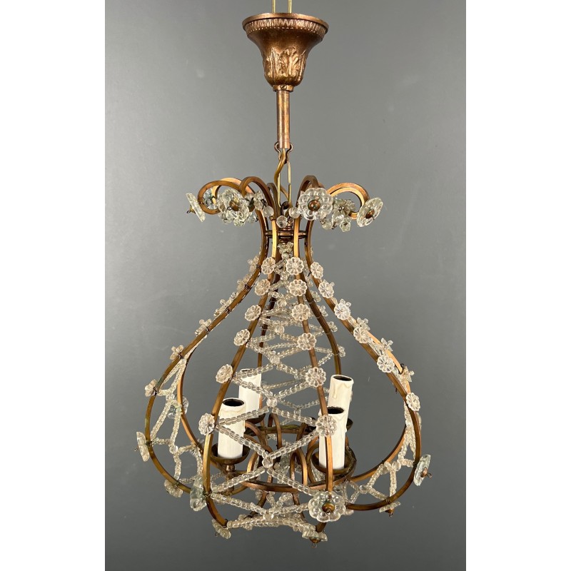 Small Brass Chandelier with Crystal Garlands in the Style of Maison Baguès, French Work, circa 1940