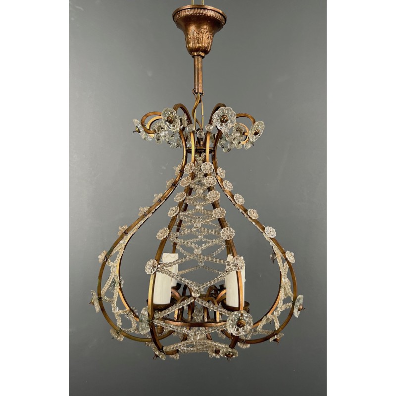 Small Brass Chandelier with Crystal Garlands in the Style of Maison Baguès, French Work, circa 1940