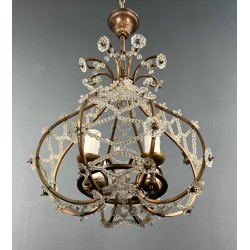 Small Brass Chandelier with Crystal Garlands in the Style of Maison Baguès, French Work, circa 1940