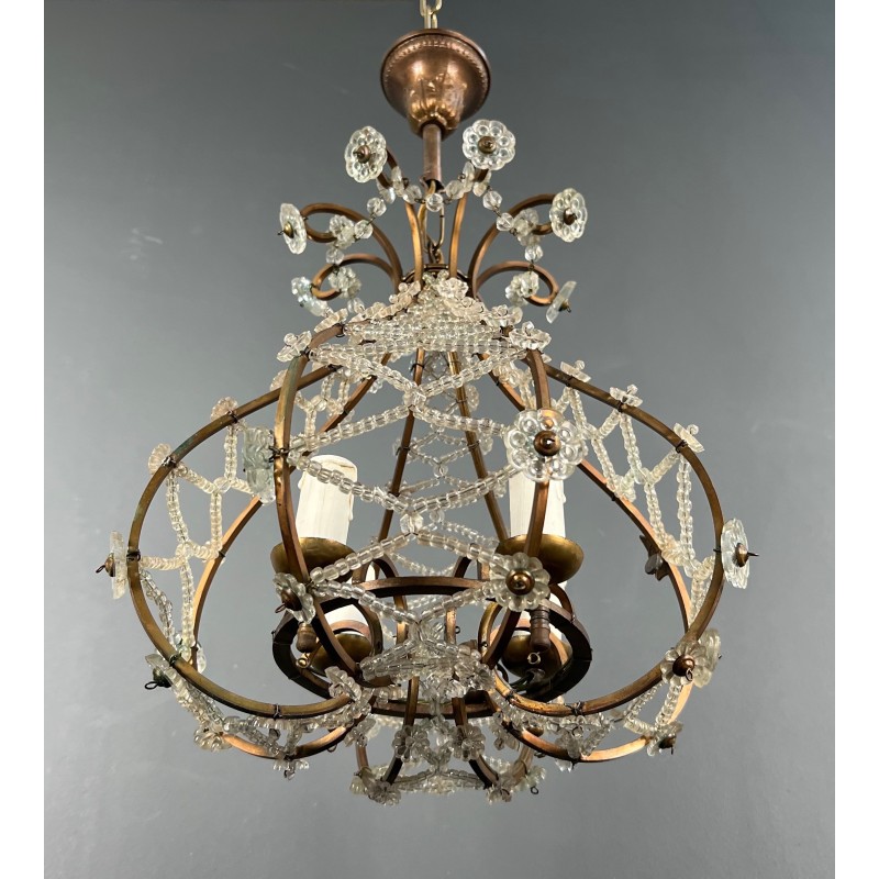 Small Brass Chandelier with Crystal Garlands in the Style of Maison Baguès, French Work, circa 1940