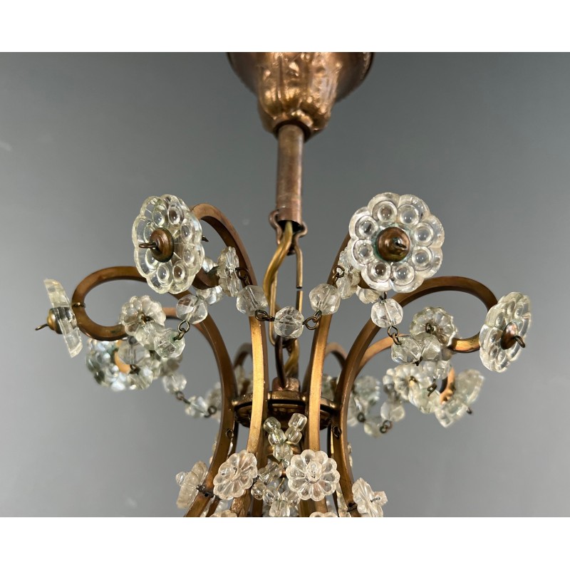 Small Brass Chandelier with Crystal Garlands in the Style of Maison Baguès, French Work, circa 1940