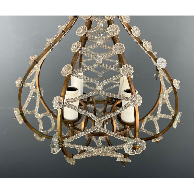 Small Brass Chandelier with Crystal Garlands in the Style of Maison Baguès, French Work, circa 1940