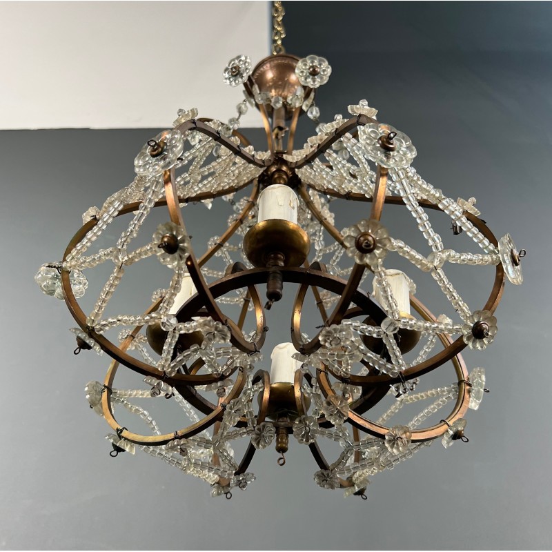 Small Brass Chandelier with Crystal Garlands in the Style of Maison Baguès, French Work, circa 1940