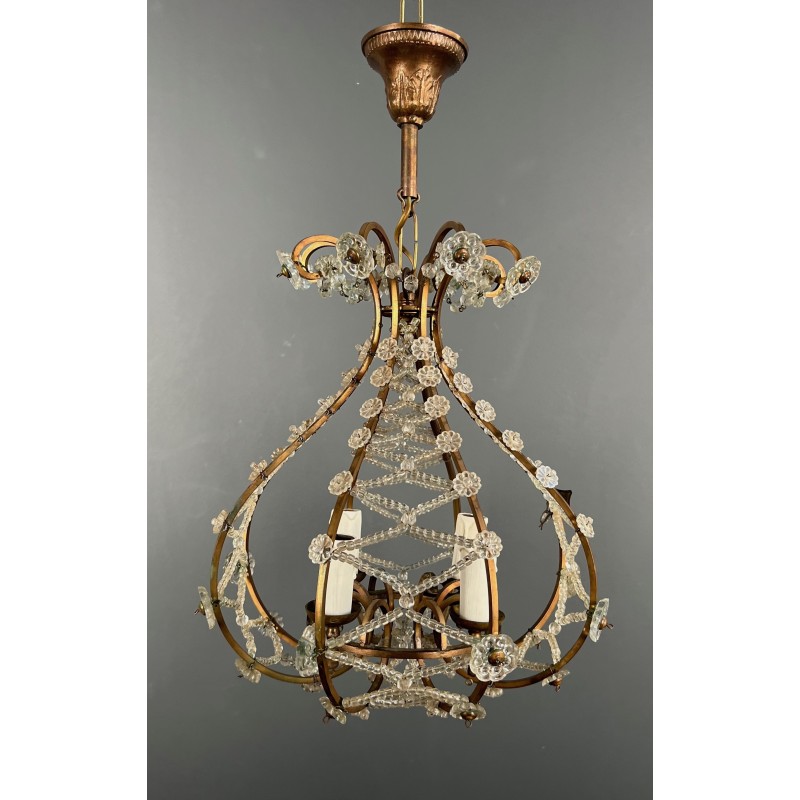 Small Brass Chandelier with Crystal Garlands in the Style of Maison Baguès, French Work, circa 1940