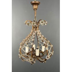 Small Brass Chandelier with Crystal Garlands in the Style of Maison Baguès, French Work, circa 1940