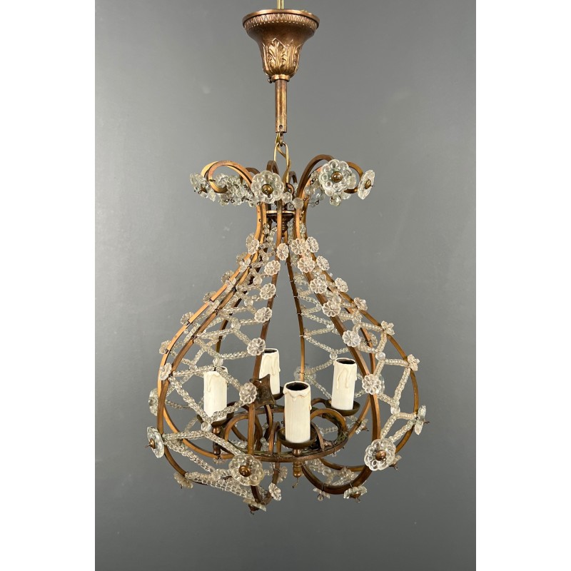 Small Brass Chandelier with Crystal Garlands in the Style of Maison Baguès, French Work, circa 1940