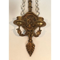 Important Pair of Louis the 16th Style Gilded Carved Wood Wall Sconces with Crystal Garlands