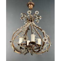 Small Brass Chandelier with Crystal Garlands in the Style of Maison Baguès, French Work, circa 1940
