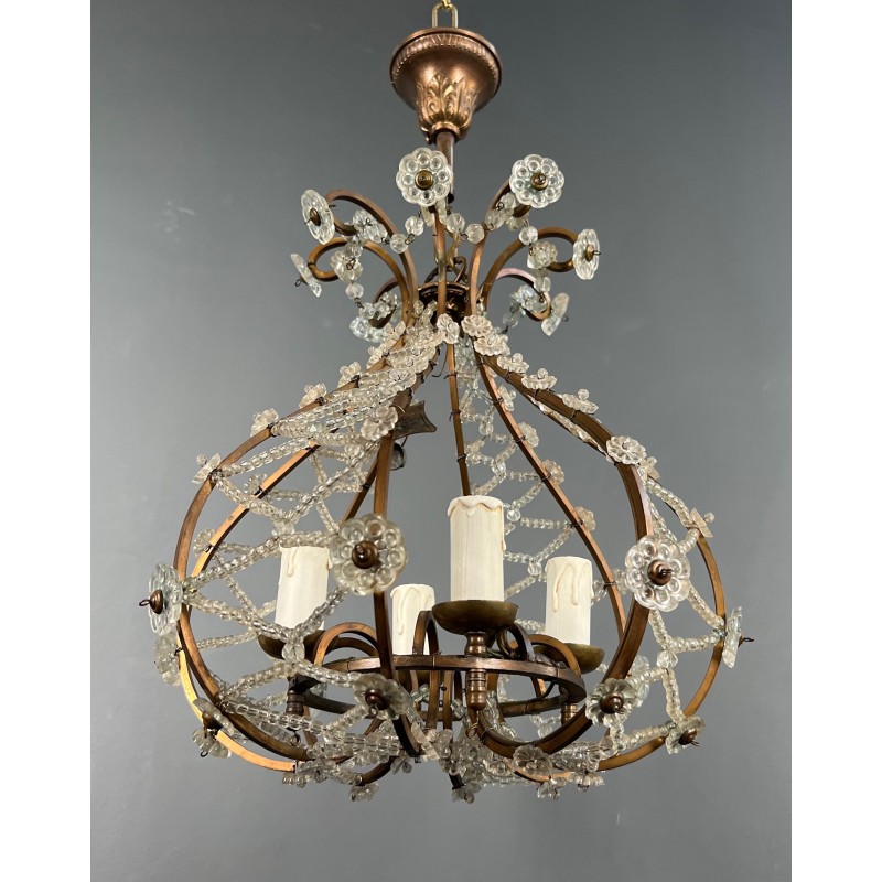 Small Brass Chandelier with Crystal Garlands in the Style of Maison Baguès, French Work, circa 1940