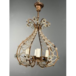 Small Brass Chandelier with Crystal Garlands in the Style of Maison Baguès, French Work, circa 1940