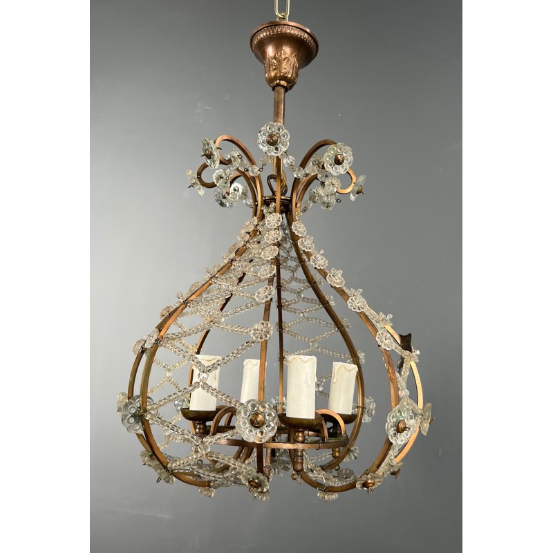 Small Brass Chandelier with Crystal Garlands in the Style of Maison Baguès, French Work, circa 1940