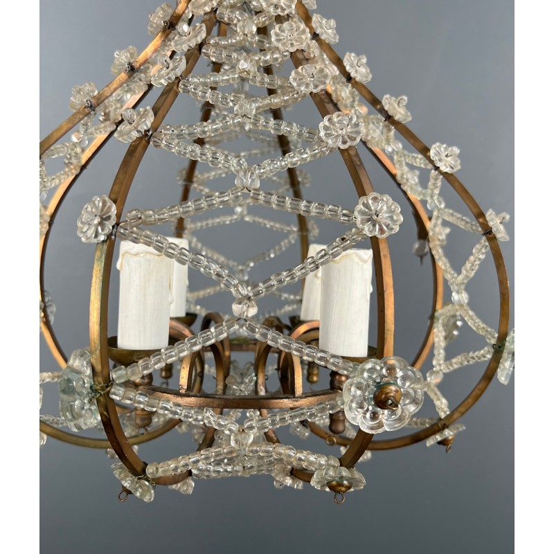 Small Brass Chandelier with Crystal Garlands in the Style of Maison Baguès, French Work, circa 1940