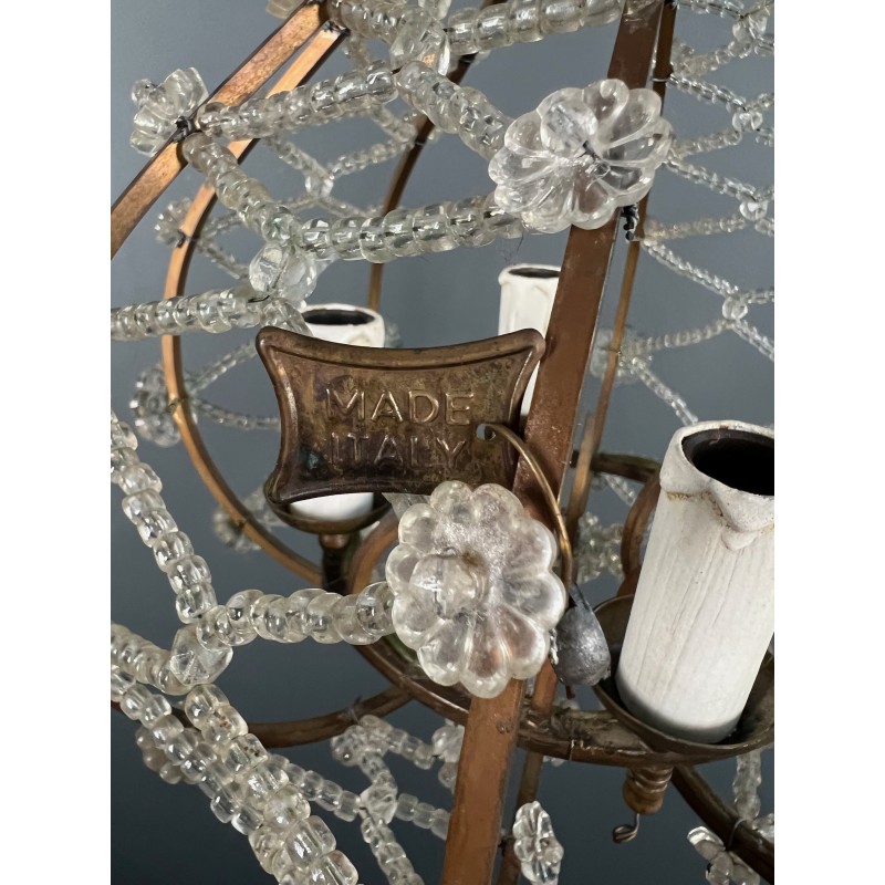 Small Brass Chandelier with Crystal Garlands in the Style of Maison Baguès, French Work, circa 1940