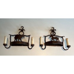 Pair of Wrought Iron Wall lights Showing Animals