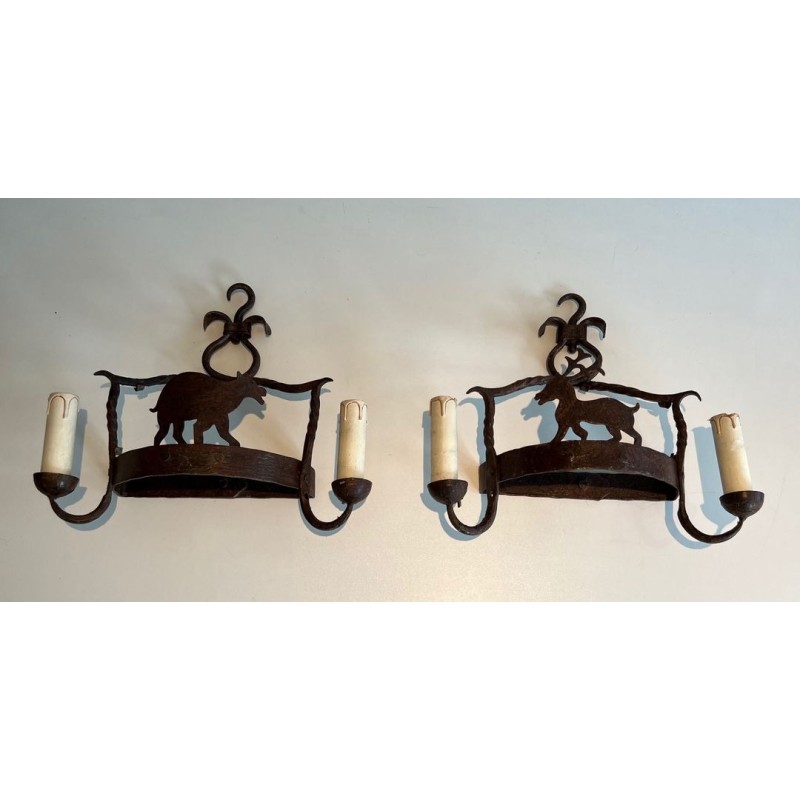 Pair of Wrought Iron Wall lights Showing Animals