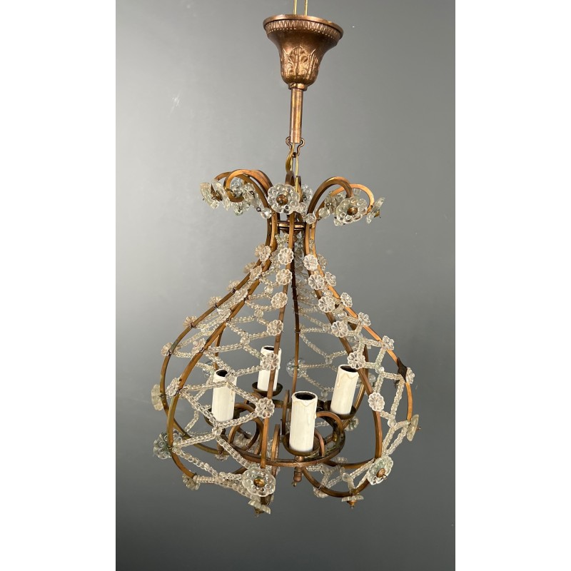 Small Brass Chandelier with Crystal Garlands in the Style of Maison Baguès, French Work, circa 1940
