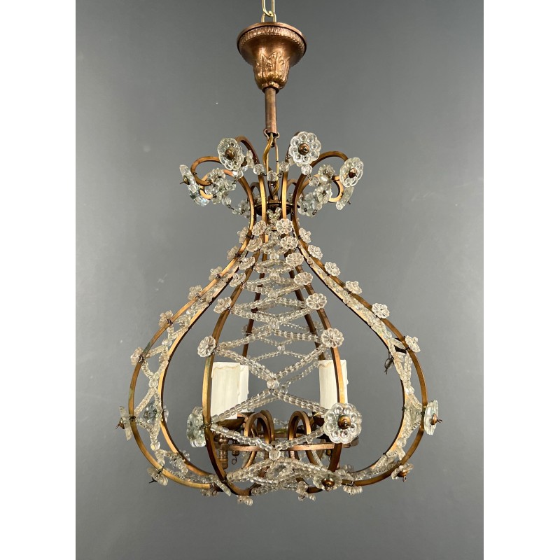 Small Brass Chandelier with Crystal Garlands in the Style of Maison Baguès, French Work, circa 1940